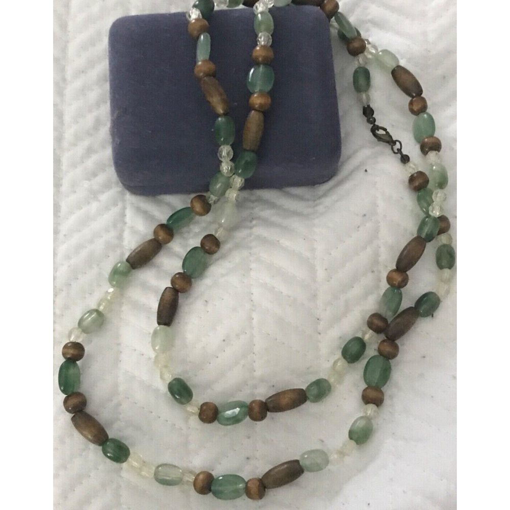 Boho Hippie 19” Necklace Different Shaped Brown Green White Clear Fashion Beads
